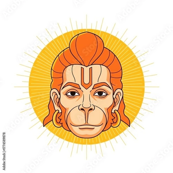 Fototapeta Radiant Hanuman Face Vector. Orange-Gold Aura with Divine Light.