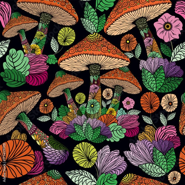 Fototapeta Mushrooms decorative Nature elements assembled to compose a Vector textile Seamless Repeat Pattern on multicolored psychedelic zentangle style
