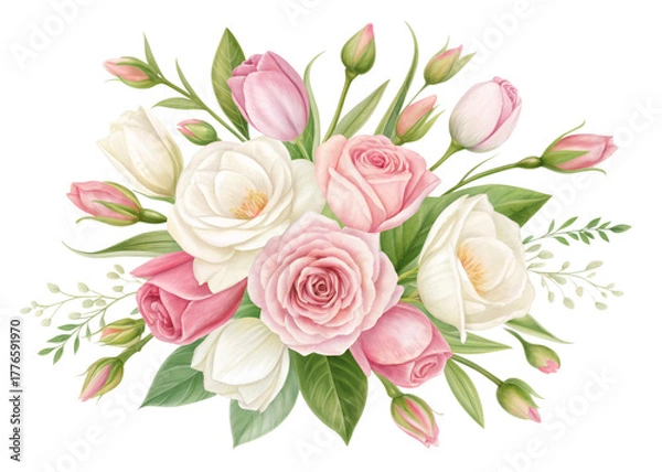Fototapeta white and pink flowers isolated on a transparent background. Floral arrangement, bouquet of roses and tulips. Can be used for invitations, greeting, wedding card. 2