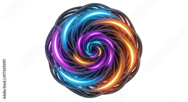 Obraz Vibrant swirling energy vortex with glowing neon light trails in electric blue purple and orange hues isolated on transparent background