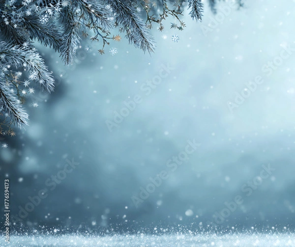 Fototapeta A Christmas composition with snow, Christmas tree decorations, and a gift, created using a neural network. A Christmas photo with space for text or a product in a dark tone.