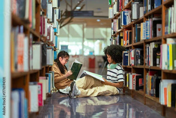 Fototapeta Student girls sitting on the floor reading book between bookshelf in school library. Learning education concepts.