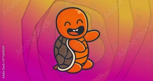 Fototapeta Cheerful orange cartoon turtle waving on layered gradient backdrop, with toothy grin