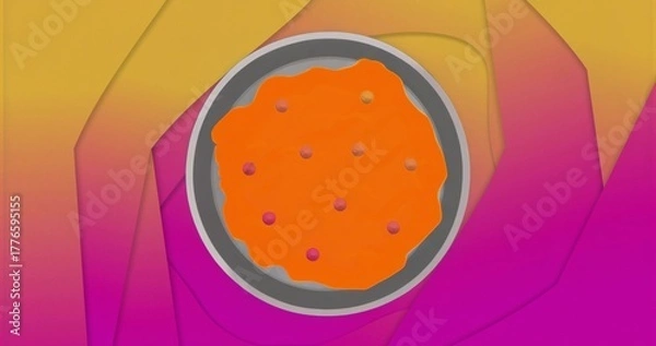 Fototapeta Displaying metallic pan holding orange paste on gradient background, with purple and yellow spheres