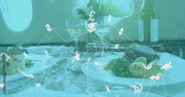Obraz Floating currency network hovering above jet cabin dining table, with gourmet plates and cutlery