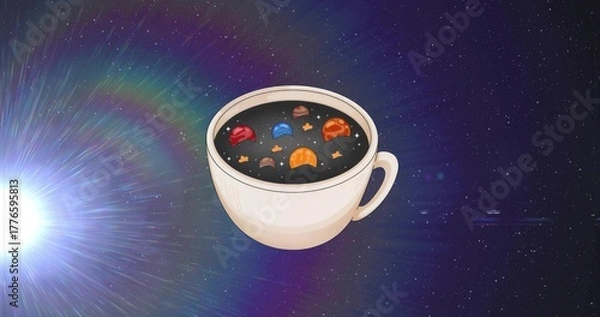 Obraz Floating ceramic mug holding cosmic liquid at starfield, with miniature planets and lens flare