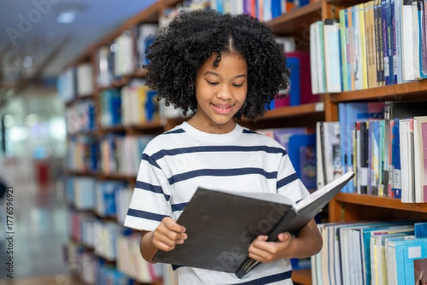 Fototapeta Smiling African American young student girl reading book while standing near bookshelf in school library. Learning, knowledge, and education concepts.
