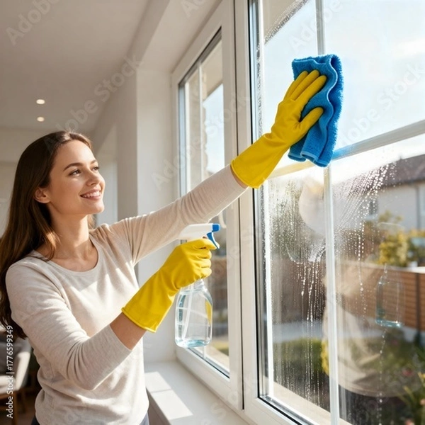 Obraz woman cleaning the window
