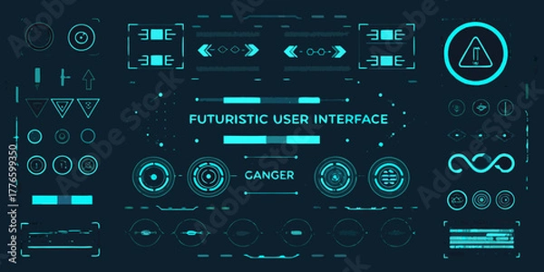 Fototapeta Futuristic user interface with cyan neon elements and digital data displays on dark background