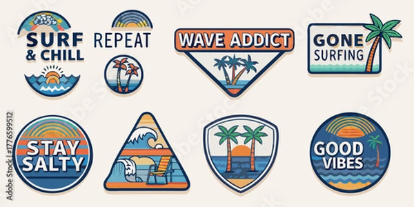 Fototapeta Collection of retro style surf beach vacation patches with palm trees and ocean waves