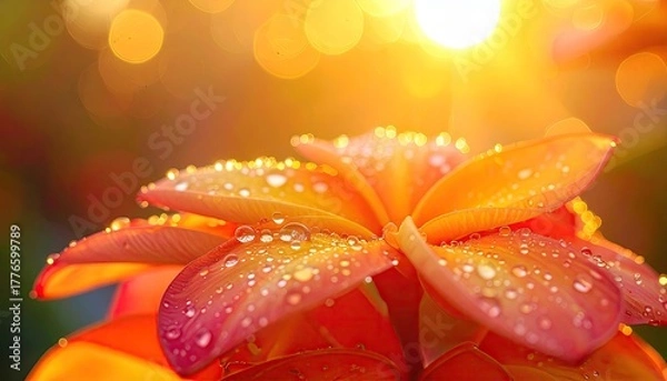 Fototapeta Close up Macro shot of a vibrant orange frangipani flower petals covered in water droplets glistening in the warm golden sunlight with a soft bokeh background