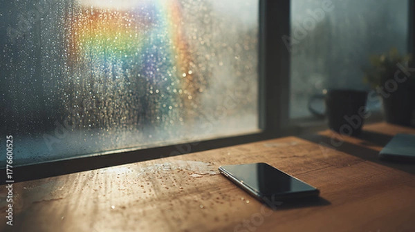 Fototapeta Smartphone on a Wet Wooden Table With Rainbow Rays