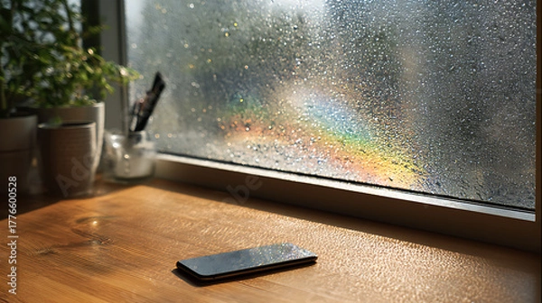 Fototapeta Rainy Day Reflections A Smartphone on a Wooden Table by the Window