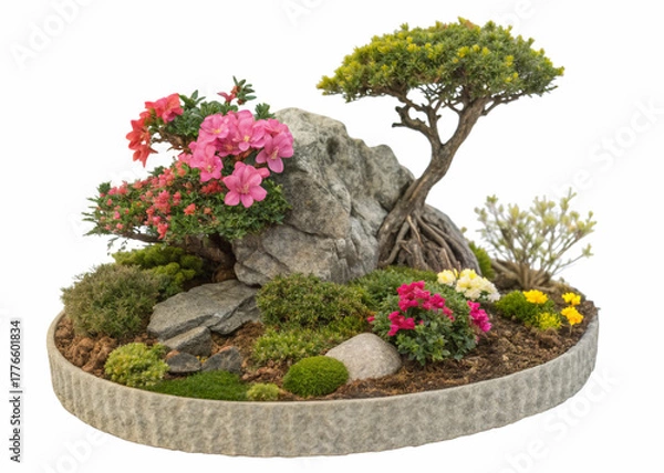 Fototapeta Small garden consists of stone bush and flowers with isolated background