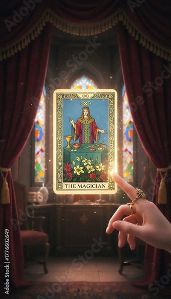 Fototapeta Mystical Tarot Card “The Magician” Floating in Mysterious Light Inside an Enchanted Room