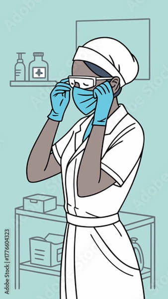 Fototapeta Nurse putting on protective goggles and preparing for work in clinic  