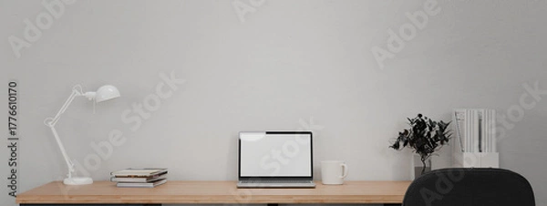 Fototapeta 3D render workspace laptop on wooden table with office supply