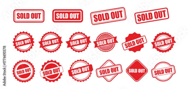 Fototapeta Collection of red rubber stamp and seal graphics illustrating the phrase 'sold out'