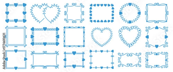 Fototapeta Collection of blue heart and decorative frames for romantic occasions and design elements