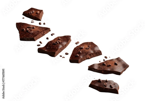 Fototapeta Artisanal dark chocolate bark pieces with irregular edges, varied textures, cocoa powder, and cacao nibs, arranged on a transparent background, minimalist food photography concept