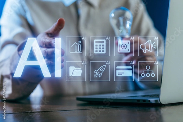 Obraz Innovative person showcasing artificial intelligence concepts at a desk with technology tools