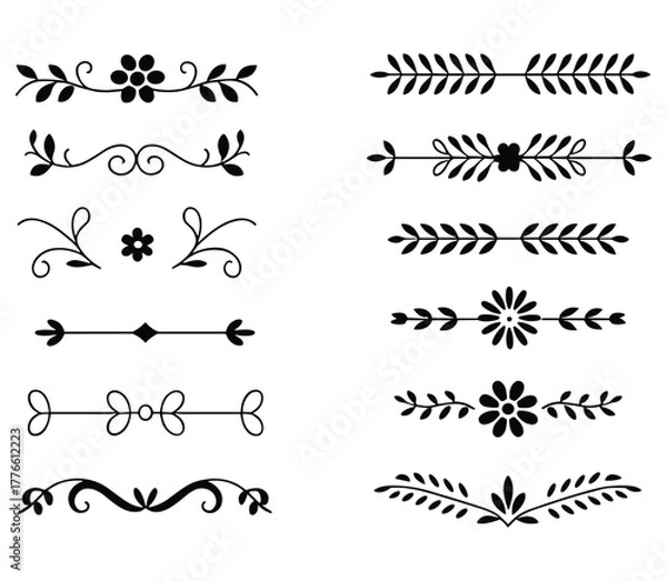 Fototapeta Set of ten elegant black floral and leaf ornamental dividers for design