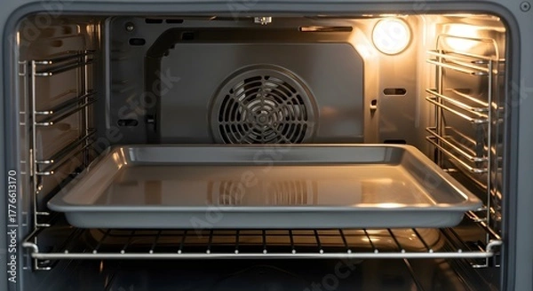 Fototapeta Inside view of a clean, empty convection oven with a baking tray on the rack.
