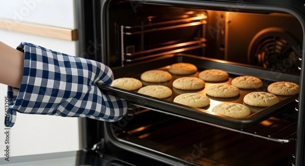 Fototapeta Hand wearing oven mitt pulls a baking sheet of golden brown cookies from convection oven.
