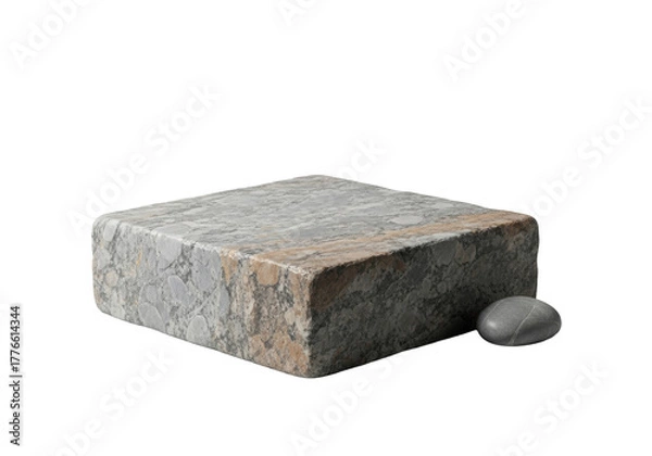 Fototapeta Large granite podium, mottled gray, beige, brown, shimmering flecks, with small polished river stone, on transparent background, high-angle studio shot, luxurious minimalist product display