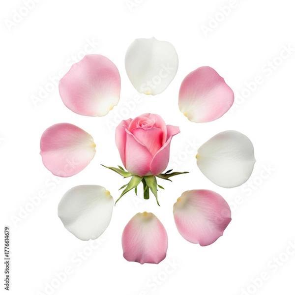Fototapeta Light pink and white rose petals gracefully scattered around a central, unfurling light pink rosebud, isolated on a seamless transparent background, extreme macro detail, elegant botanical still life