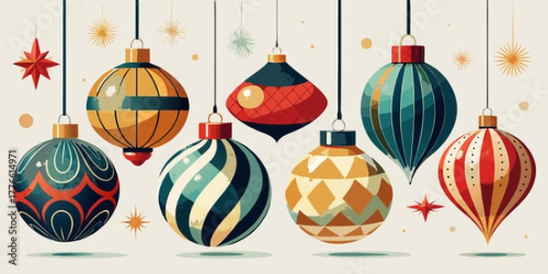 Fototapeta Colorful Easter eggs with ribbon on a white background and shiny Christmas ball decorations