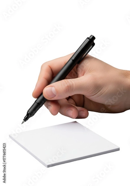 Fototapeta Clean, fair-skinned male hand holding a sleek black matte marker pen with a fine tip above a crisp white note card on a transparent studio background, concept of precision and quality