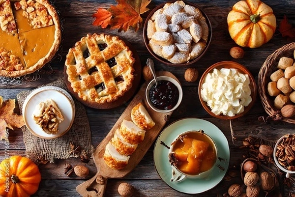 Fototapeta Autumn food concept. Selection of pies, appetizers and desserts. Top view table scene over a rustic wood background.