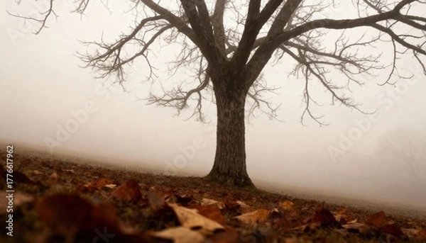 Obraz Solitary Tree in Misty Embrace: A lone tree, stripped bare by the season, stands silhouetted against a backdrop of swirling mist, its branches reaching out into the ethereal fog.