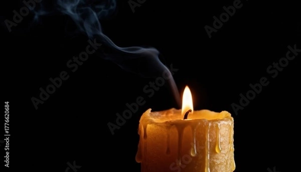 Obraz Candle's Serenade: A candle's warm flame flickers against a dark backdrop, creating a dance of light and shadow, with the lingering wisps of smoke hinting at a moment passed.