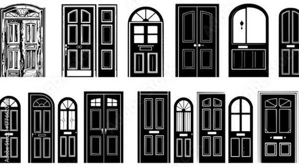 Fototapeta “A vector-style design reference sheet showcasing multiple door silhouettes arranged in a 3x5 layout. Each door is black with white accents, depicting different design eras — from rustic wooden styles