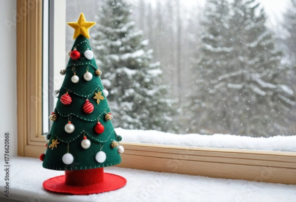 Fototapeta Hand-stitched felt Christmas tree with tiny ornaments, on a windowsill with snow outside