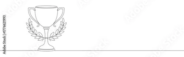 Fototapeta A continuous line drawing of a classic trophy cup encircled by a laurel wreath, representing victory, achievement, and success, on a white background.	
