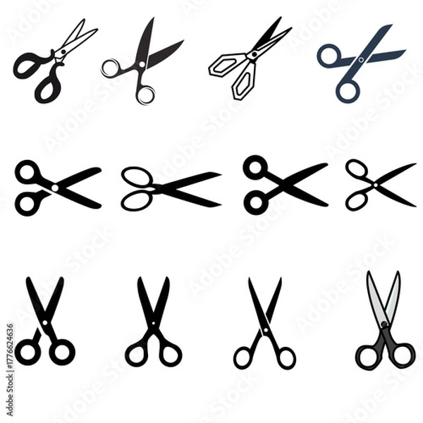 Obraz Modern Set of Scissors Icons for Craft Sewing Hair Cutting and Office Work in Flat Vector Style
