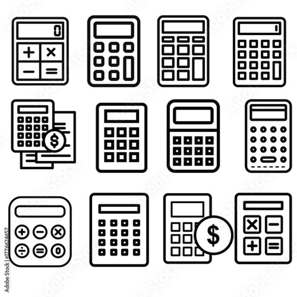 Obraz Modern Calculator Icon Set for Math Finance Accounting Education and Office Use in Flat Vector Style