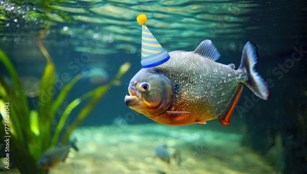 Obraz A Piranha's Aquatic Birthday Bash A Striped Party Hat Adorns a Fish in a Vibrant Underwater Scene, Creating a Whimsical and Playful Atmosphere for a Unique Celebration