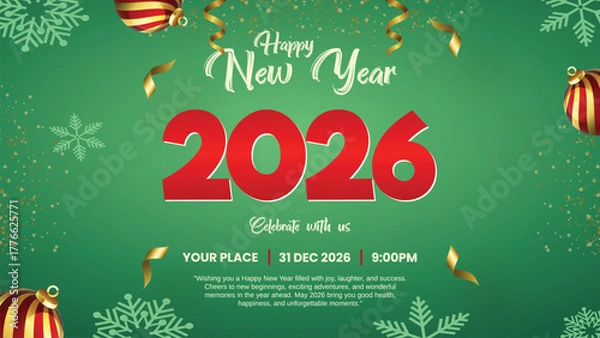 Fototapeta happy new year 2026 celebration banner, festive 2026 new year party invitation background, merry christmas and new year green greeting card, luxury winter holiday event poster template