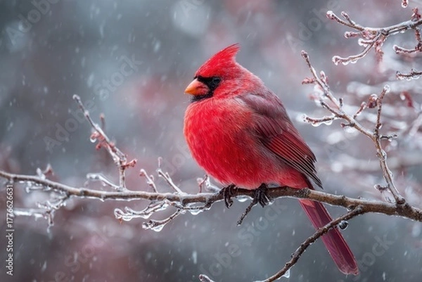Fototapeta Bright red cardinal perched on icy branch in winter scene