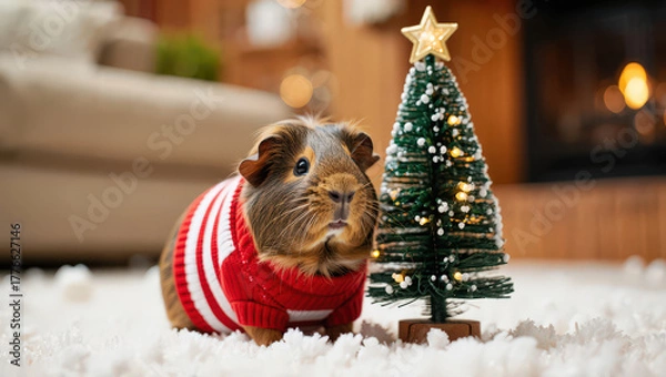 Obraz A Guinea Pig in a Striped Sweater Stands Beside a Miniature Tree on a Fluffy Surface Captivating Rodent Portrait with a Touch of Winter Season Charm and Festive Decoration