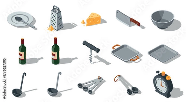 Fototapeta Isometric kitchen tools and utensils collection for cooking and dining