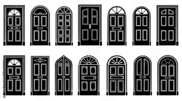 Fototapeta “Minimalist architectural vector artwork displaying fifteen unique black door designs outlined in white. Presented in a precise grid format, the collection highlights form, symmetry, and decorative di