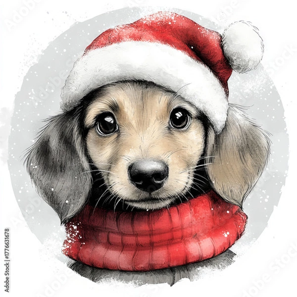 Fototapeta Cute Dachshund Dog Puppy in Christmas Santa Hat. Adorable Circle Ornament Illustration for Christmas Decoration.