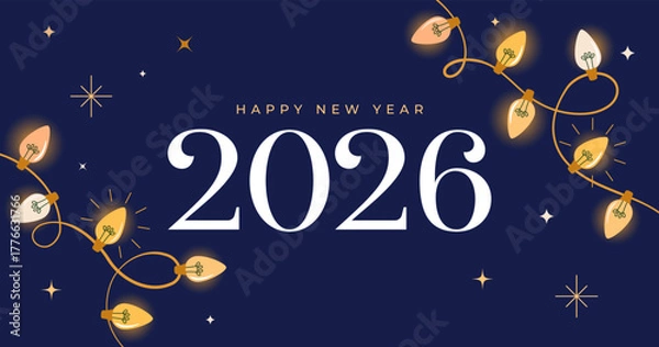Fototapeta Christmas background with golden Christmas lights. Happy New Year 2026 and Merry Christmas card, banner and poster design.