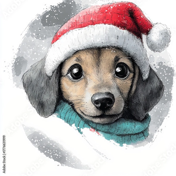 Fototapeta Cute Dachshund Dog Puppy in Christmas Santa Hat. Adorable Circle Ornament Illustration for Christmas Decoration.