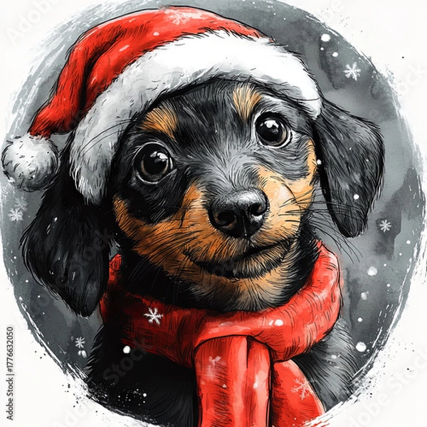 Fototapeta Cute Dachshund Dog Puppy in Christmas Santa Hat. Adorable Circle Ornament Illustration for Christmas Decoration.